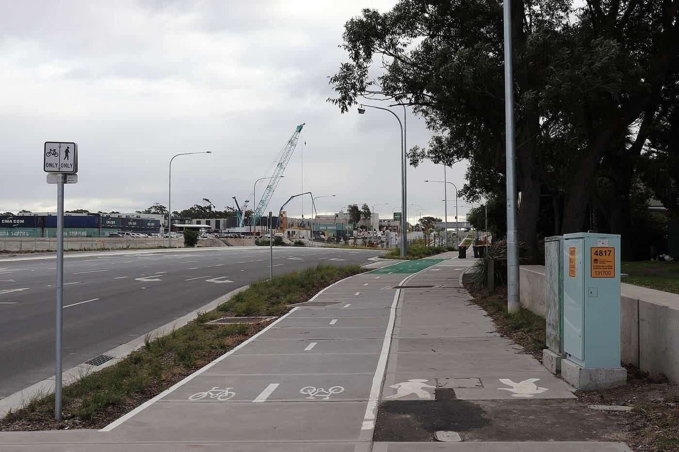 A separated shared path in Sydney with a bicycle lane beside a footpath